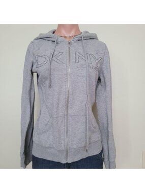 DKNY Jeans Grey Star Rhinestone Logo Slim Fit Zip Up Hoodie (M)
